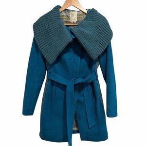 Anthropologie Elevenses Teal Coat Ribbed Collar Belt Wool Blend Boho